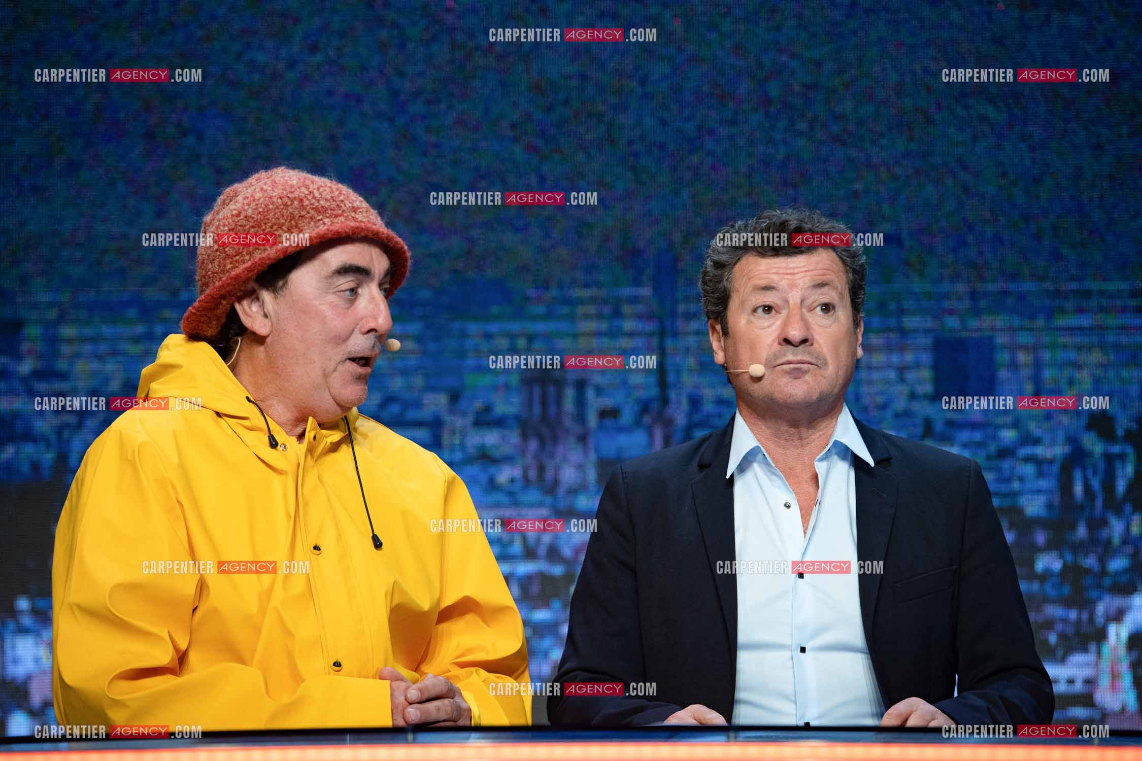 Eric Carrière et Francis Ginibré les deux humoristes Français formant le duo “Les Chevaliers Du Fiel“ au théâtre de Paris à Avignon.    ( Exclusif )