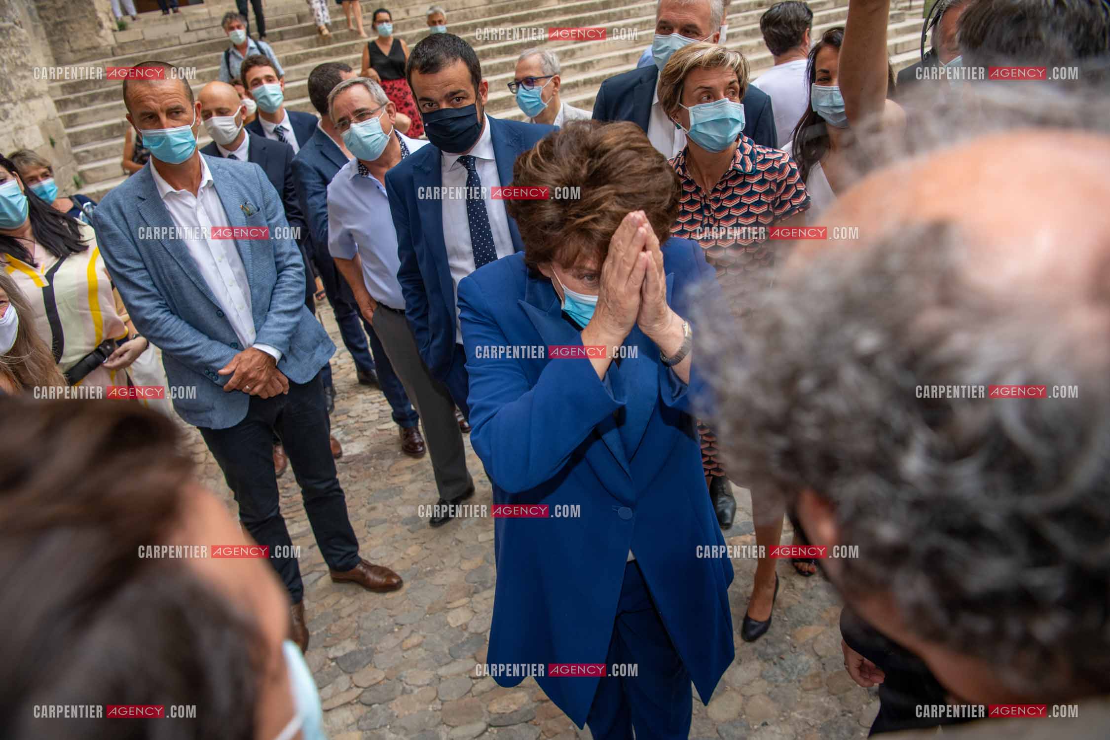 Roselyne Bachelot-Narquin, ministre de la Culture en déplacement a Avignon pour une Visite du Palais des Papes et échanges avec les artistes et les directrices et directeurs des théâtres suivi d'un spectacle vivant de clôture du festival Le souffle d’Avignon.
