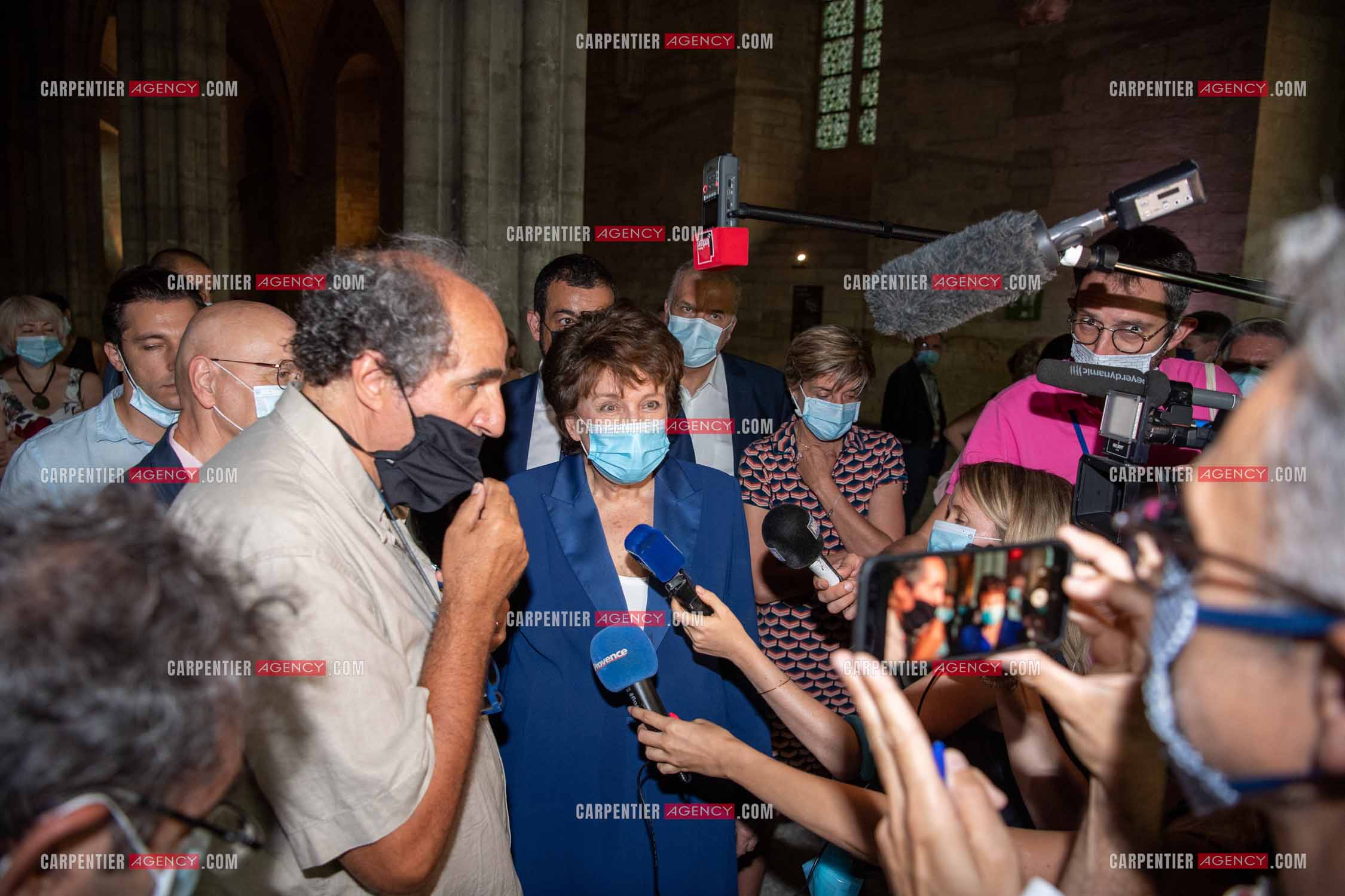 Roselyne Bachelot-Narquin, ministre de la Culture en déplacement a Avignon pour une Visite du Palais des Papes et échanges avec les artistes et les directrices et directeurs des théâtres suivi d'un spectacle vivant de clôture du festival Le souffle d’Avignon.
