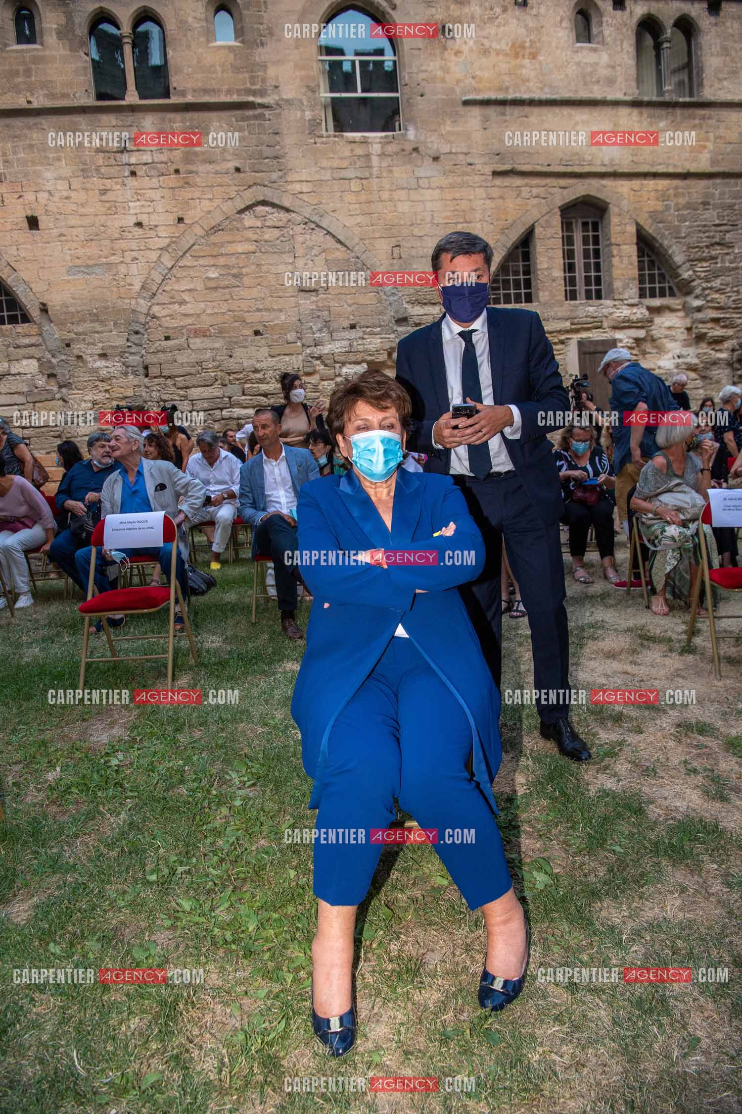 Roselyne Bachelot-Narquin, ministre de la Culture en déplacement a Avignon pour une Visite du Palais des Papes et échanges avec les artistes et les directrices et directeurs des théâtres suivi d'un spectacle vivant de clôture du festival Le souffle d’Avignon.