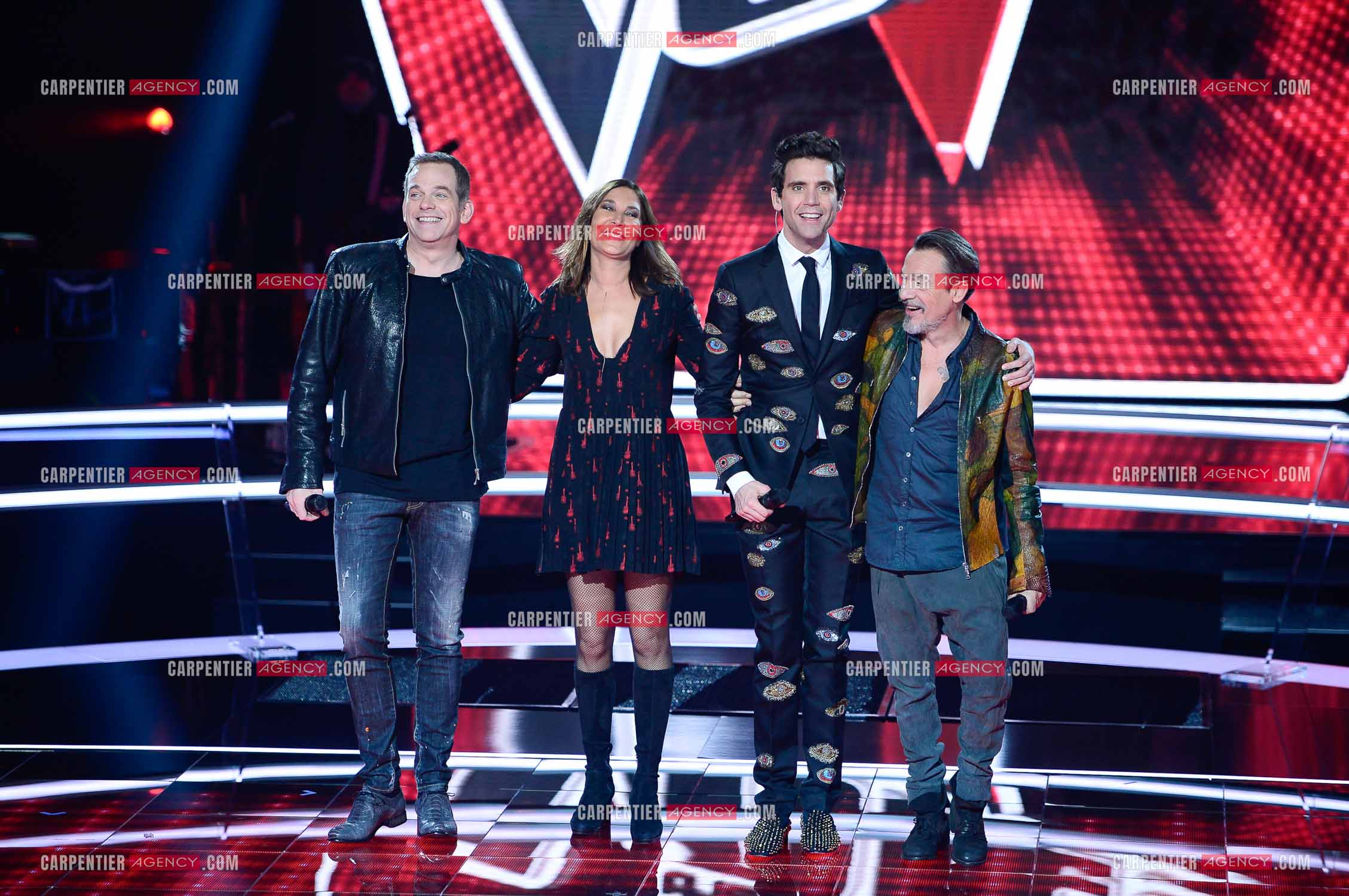 Saison 5 de l'émission The Voice en 2016. Les quatres coachs de cette saison, Garou, Zazie, Mika et Florent Pagny.                     ( Exclusif )