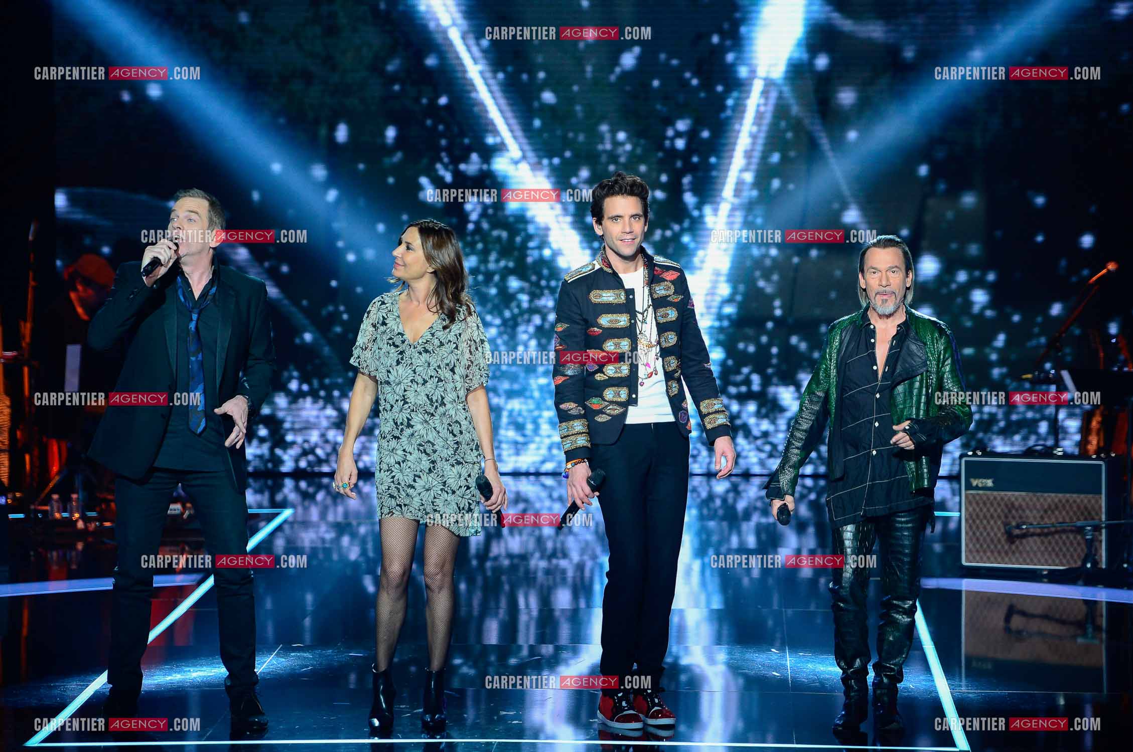 Saison 5 de l'émission The Voice en 2016. Les quatres coachs de cette saison, Garou, Zazie, Mika et Florent Pagny.                     ( Exclusif )