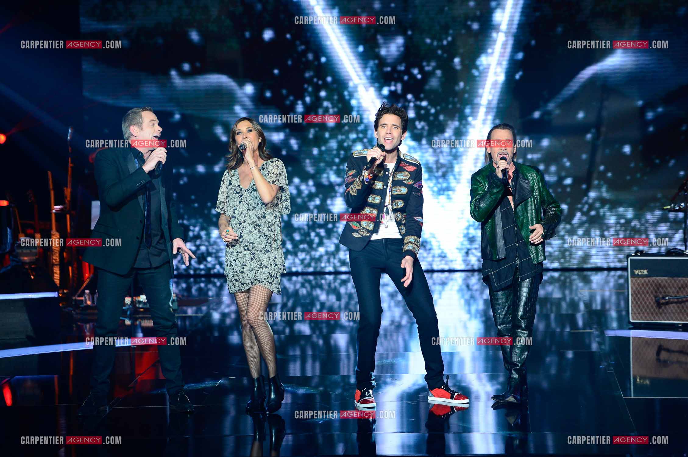 Saison 5 de l'émission The Voice en 2016. Les quatres coachs de cette saison, Garou, Zazie, Mika et Florent Pagny.                     ( Exclusif )