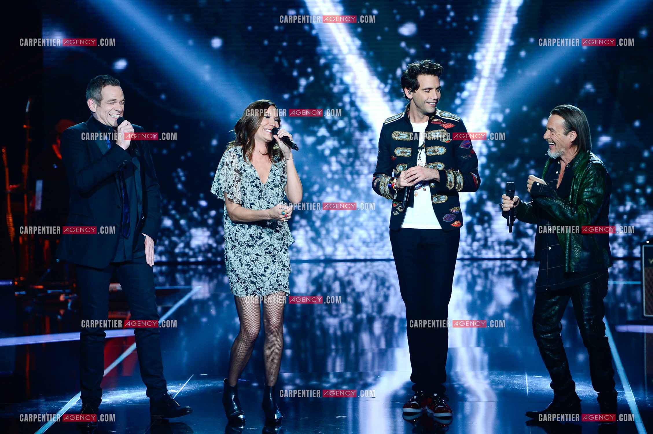 Les quatre coachs Garou, Zazie, Mika et Florent Pagny   sur le plateau de l'émission THE VOICE. ( Exclusif )