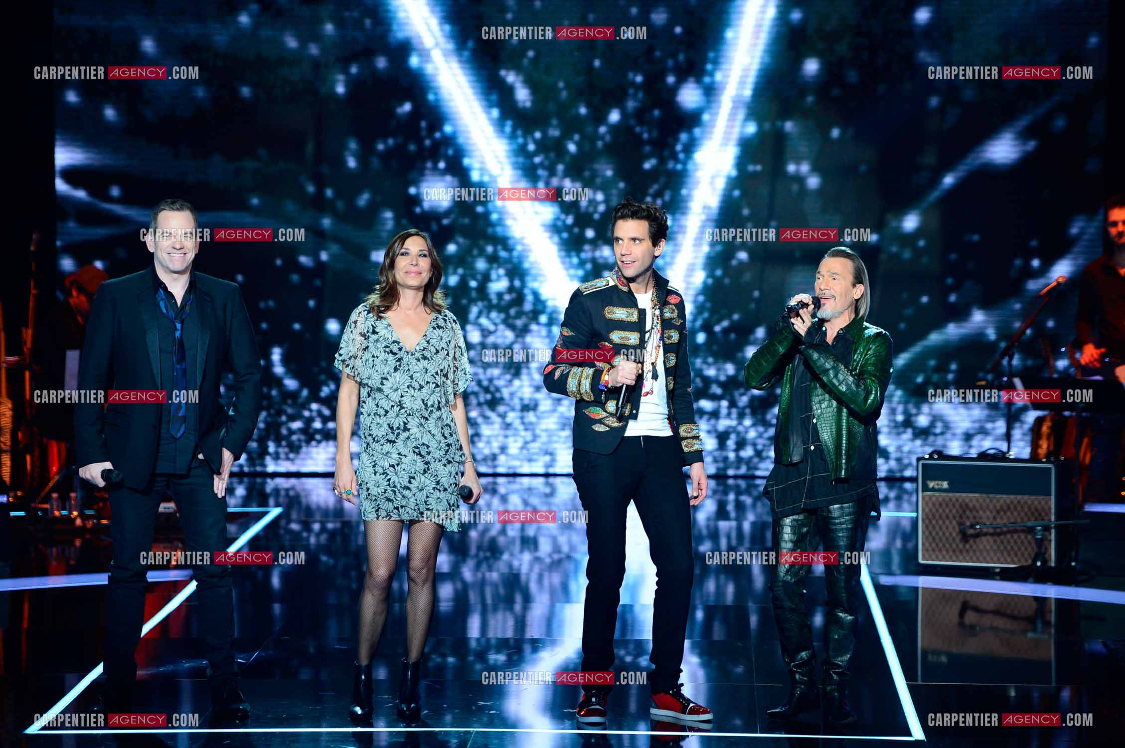 Les quatre coachs Garou, Zazie, Mika et Florent Pagny   sur le plateau de l'émission THE VOICE. ( Exclusif )