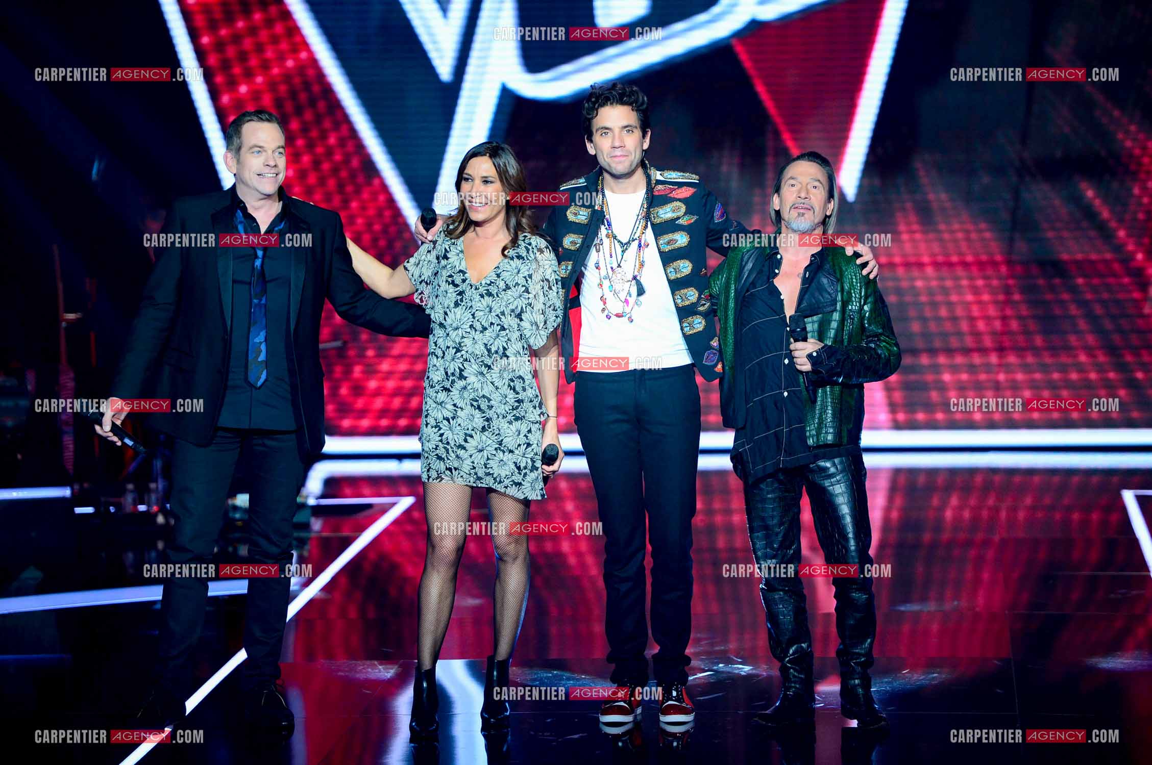 Les quatre coachs Garou, Zazie, Mika et Florent Pagny   sur le plateau de l'émission THE VOICE. ( Exclusif )