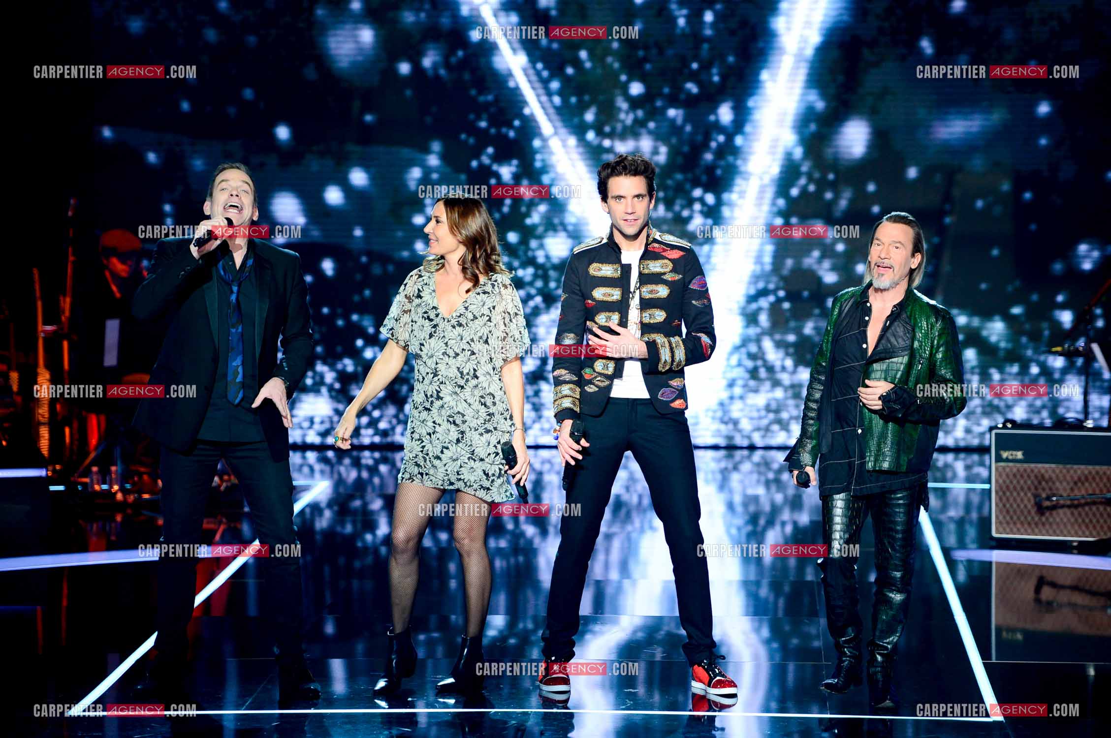 Les quatre coachs Garou, Zazie, Mika et Florent Pagny   sur le plateau de l'émission THE VOICE. ( Exclusif )
