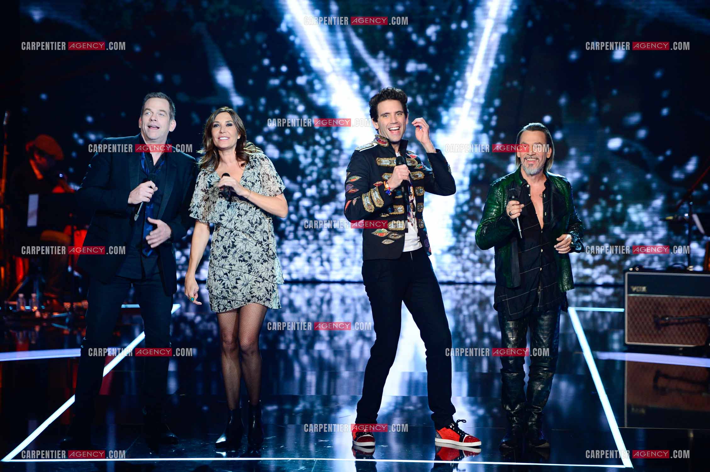 Les quatre coachs Garou, Zazie, Mika et Florent Pagny   sur le plateau de l'émission THE VOICE. ( Exclusif )
