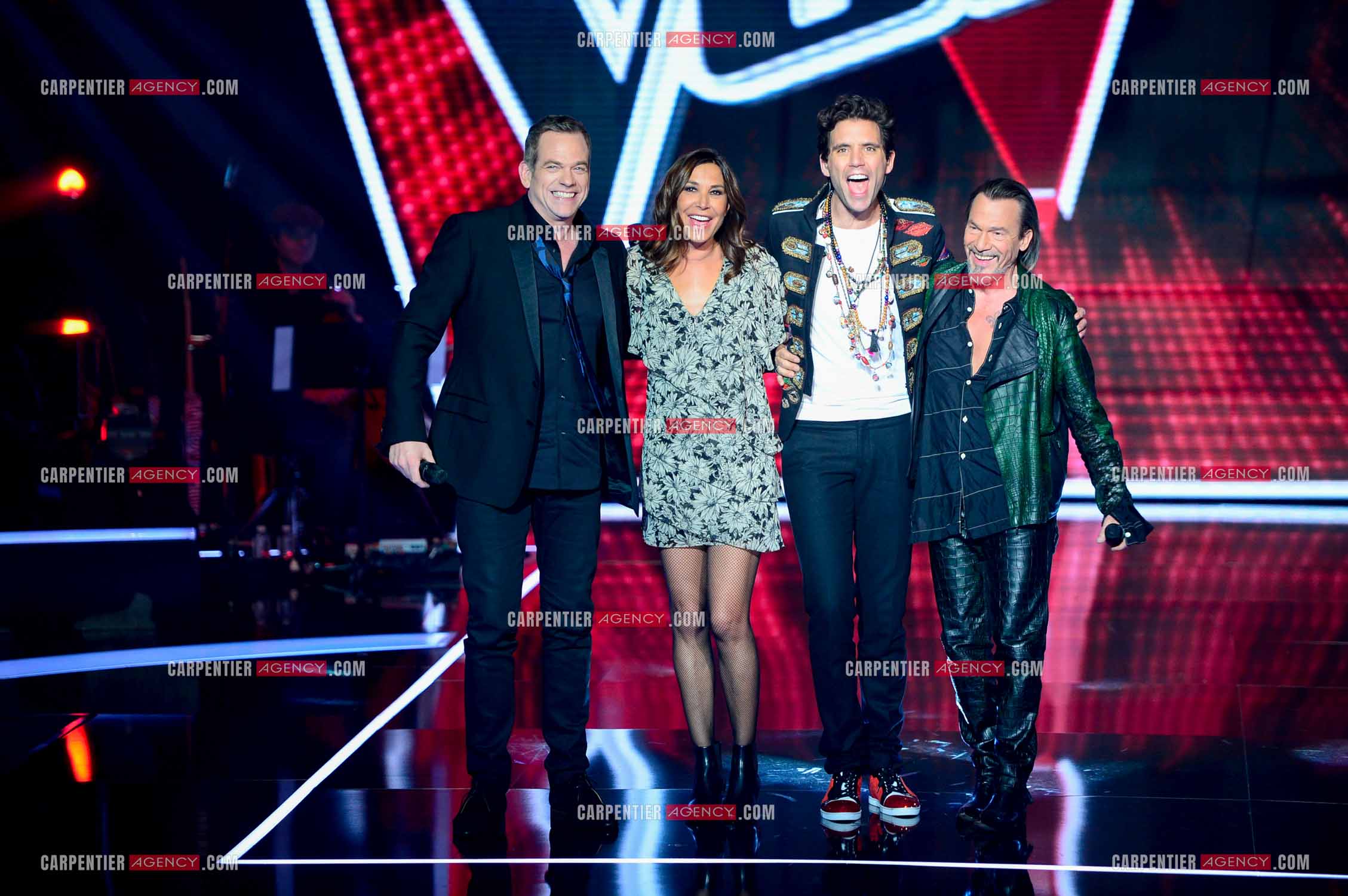 Les quatre coachs Garou, Zazie, Mika et Florent Pagny   sur le plateau de l'émission THE VOICE. ( Exclusif )