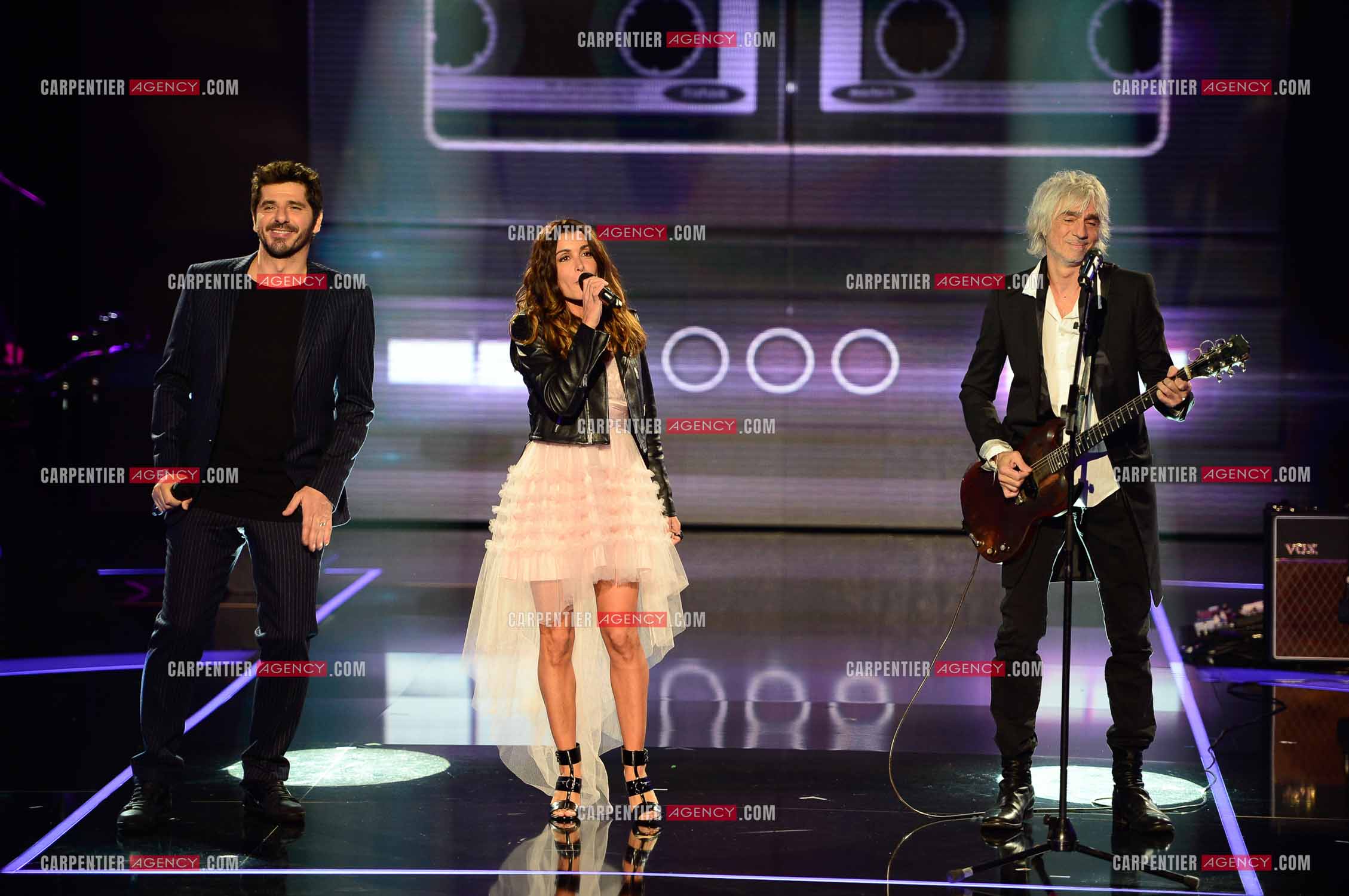 Saison 2 de The Voice Kids. Finale de la saison le 23 oct 2015. Les trois coachs, Patrick Fiori, Jenifer et Louis Bertignac.              ( Exclusif )