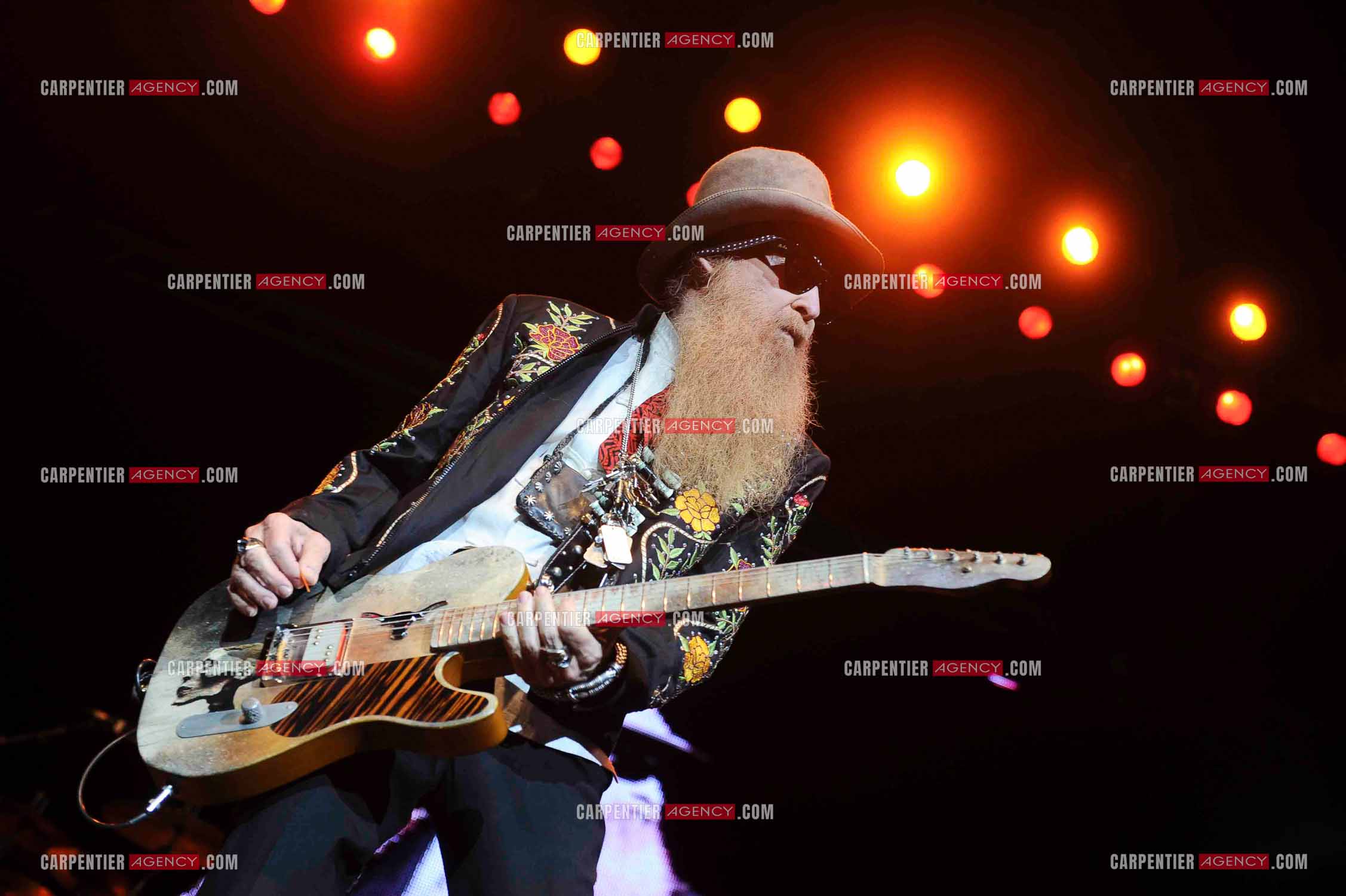 Le groupe de blues rock américain ZZ TOP composé de Dusty Hill et de Billy Gibbons en concert au Zénith de Paris en 2008.