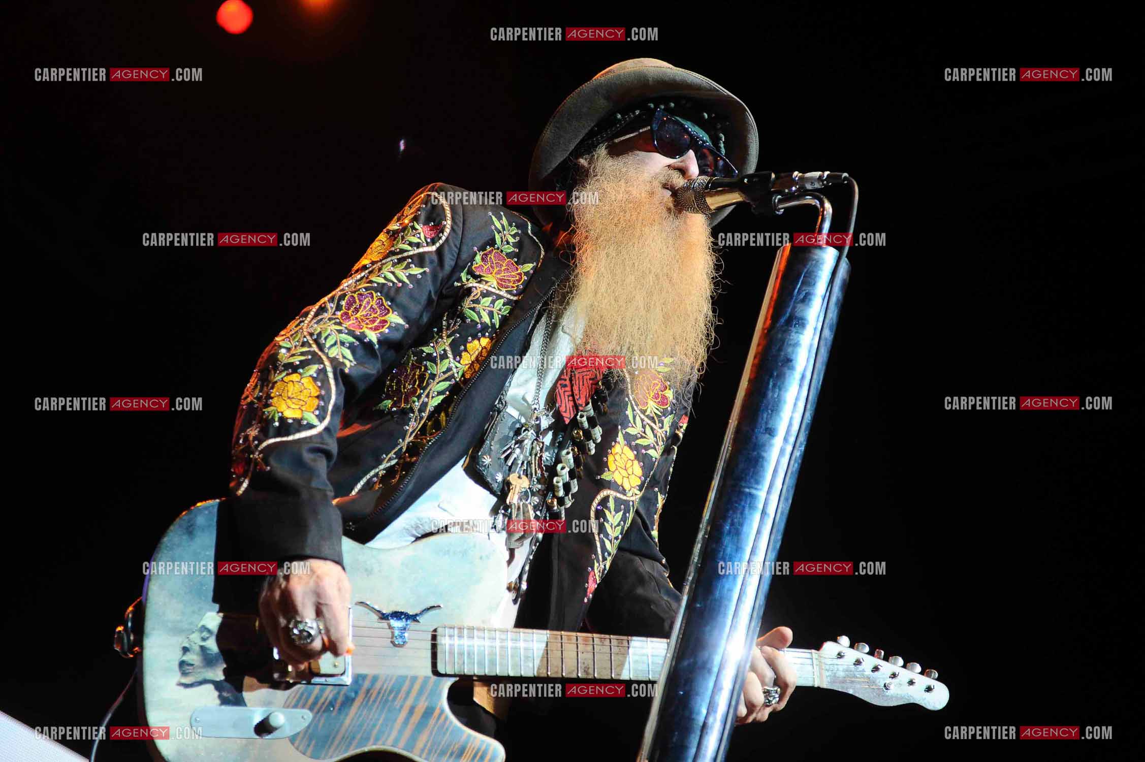 Le groupe de blues rock américain ZZ TOP composé de Dusty Hill et de Billy Gibbons en concert au Zénith de Paris en 2008.