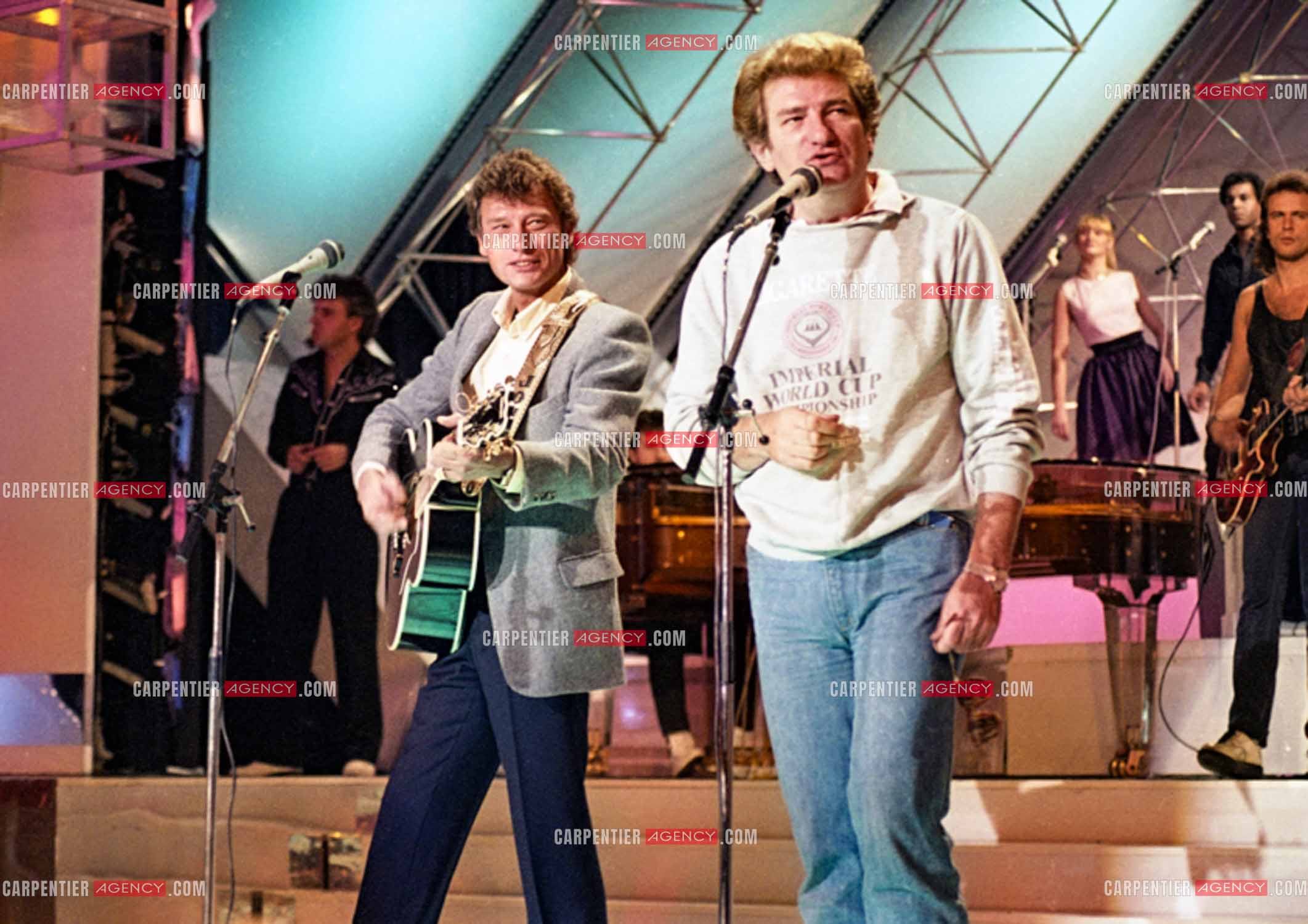 Enregistrement de l'émission “Champs Élysées“ avec Eddy Mitchell et Johnny Hallyday.  ( Exclusif )