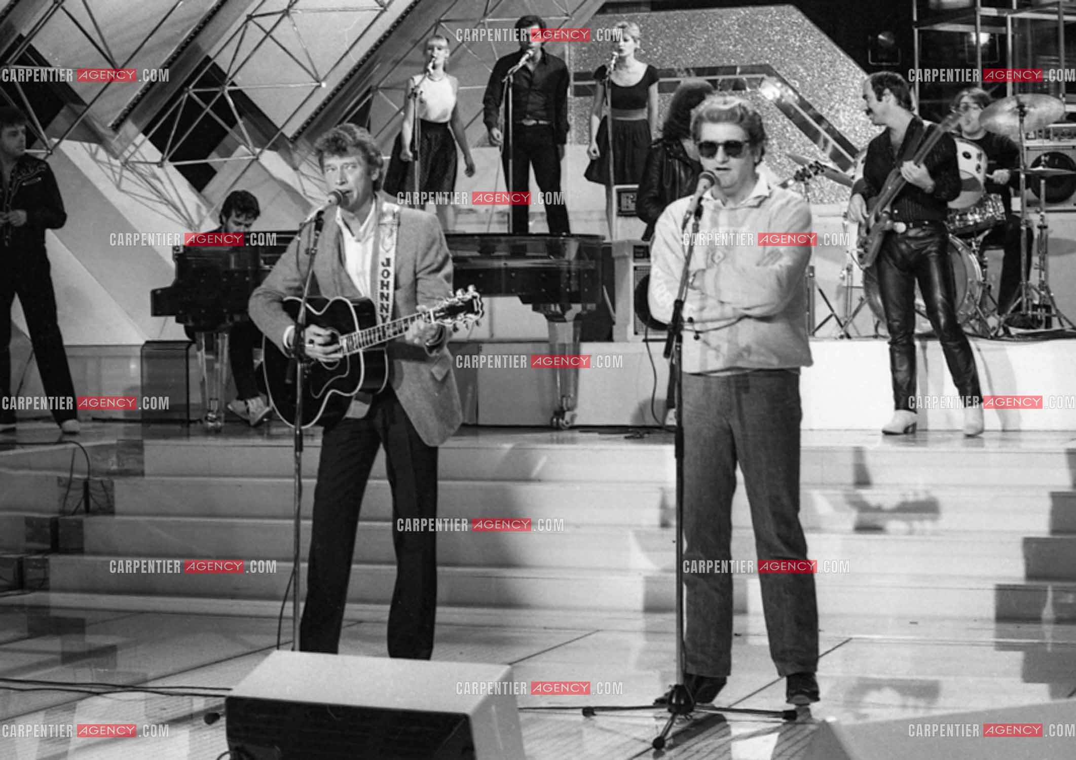 Enregistrement de l'émission “Champs Élysées“ avec Eddy Mitchell et Johnny Hallyday.  ( Exclusif )