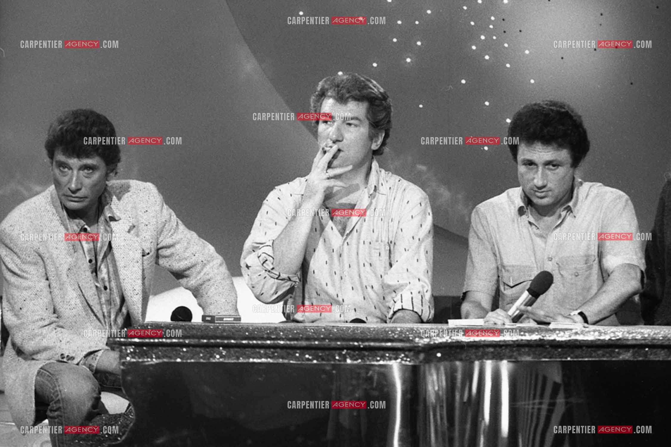 Enregistrement de l'émission “Champs Élysées“ avec Eddy Mitchell et Johnny Hallyday et présentée par Michel Drucker.  ( Exclusif )