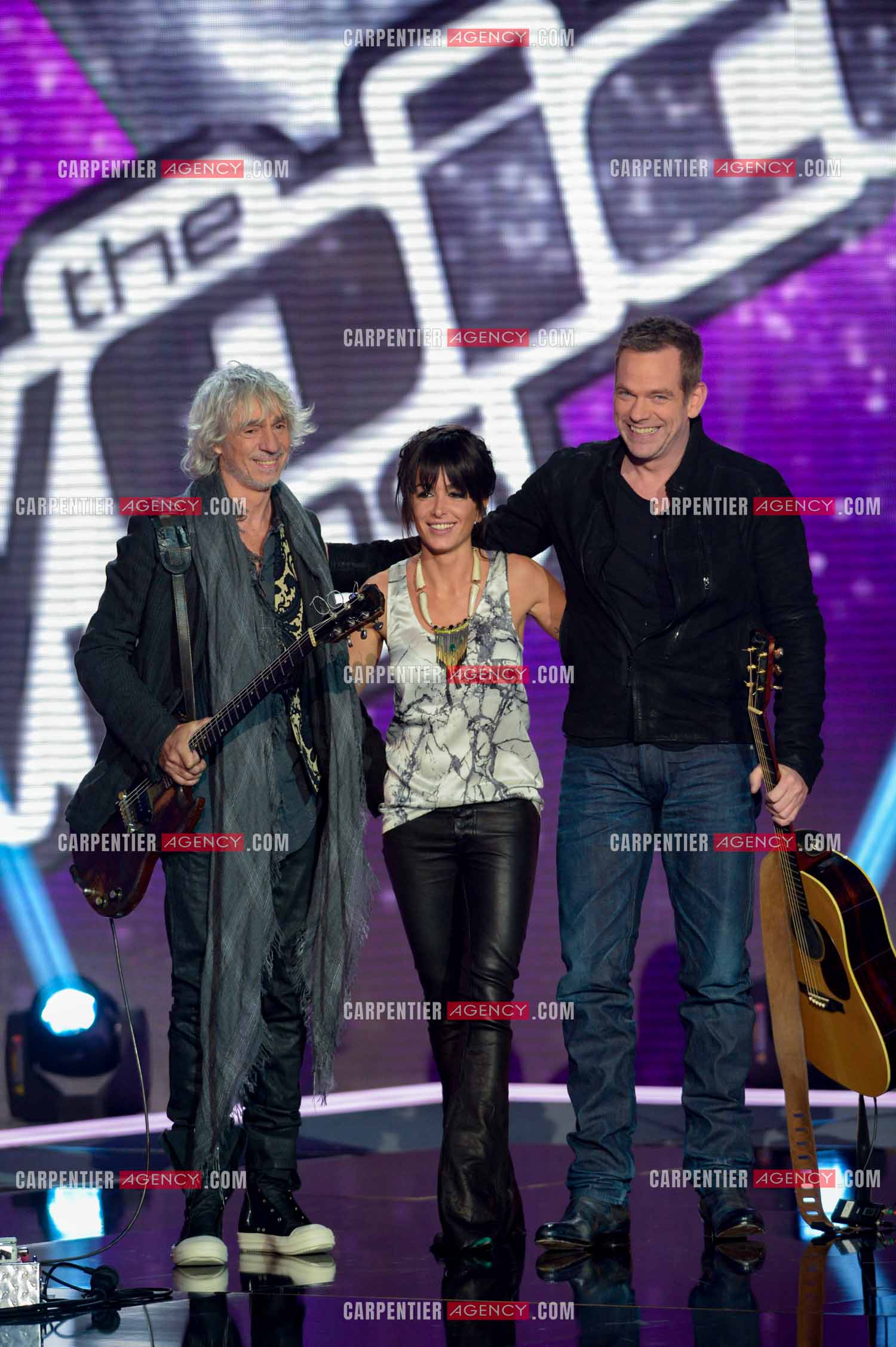 Les trois coachs de l'émission The Voice Kid's Jenifer Bartoli, Louis Bertignac et Garou.  ( Exclusif )