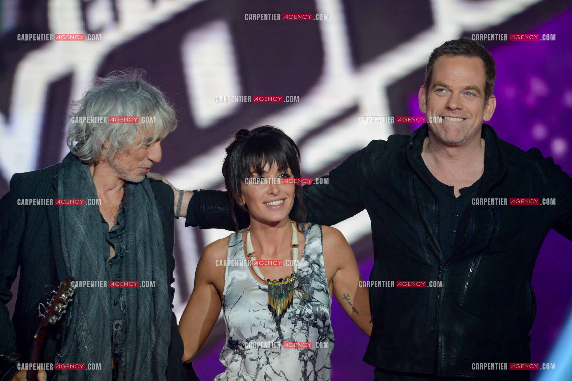 Les trois coachs de l'émission The Voice Kid's Jenifer Bartoli, Louis Bertignac et Garou.  ( Exclusif )