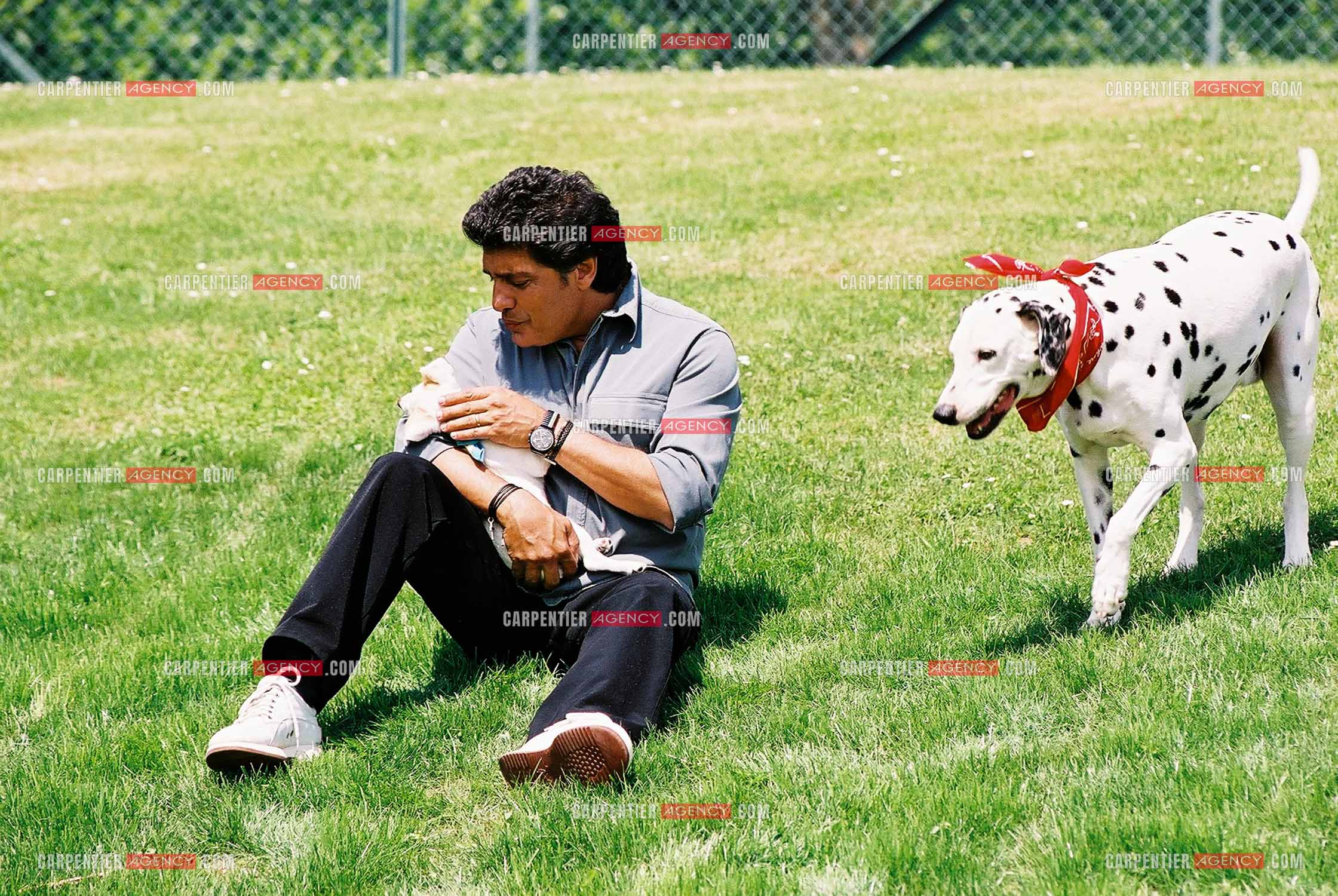 Le chanteur Frédéric François chez lui en Belgique avec ses deux chiens, une Dalmatienne nommée Lady et une chienne Jack Ressel nommée Bichette.  ( Exclusif )