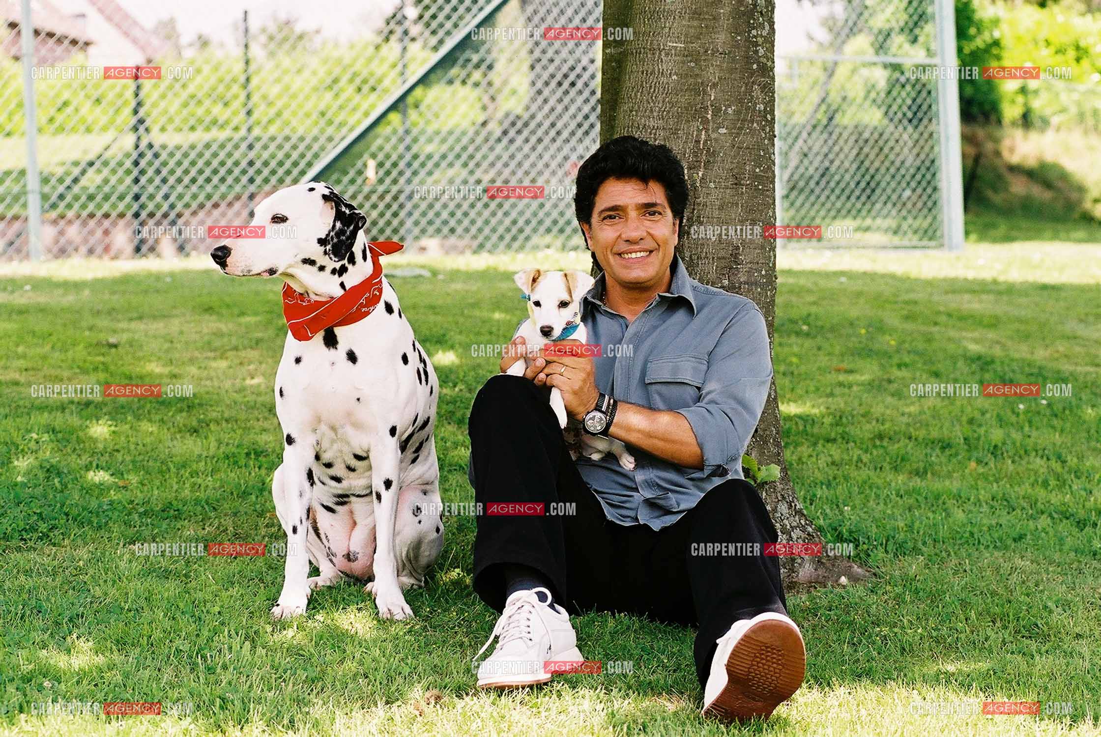 Le chanteur Frédéric François chez lui en Belgique avec ses deux chiens, une Dalmatienne nommée Lady et une chienne Jack Ressel nommée Bichette.  ( Exclusif )