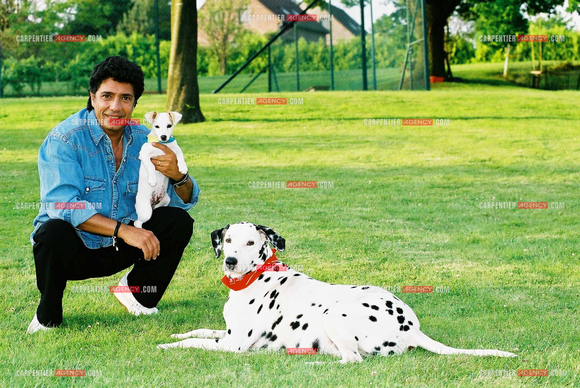 Le chanteur Frédéric François chez lui en Belgique avec ses deux chiens, une Dalmatienne nommée Lady et une chienne Jack Ressel nommée Bichette.  ( Exclusif )