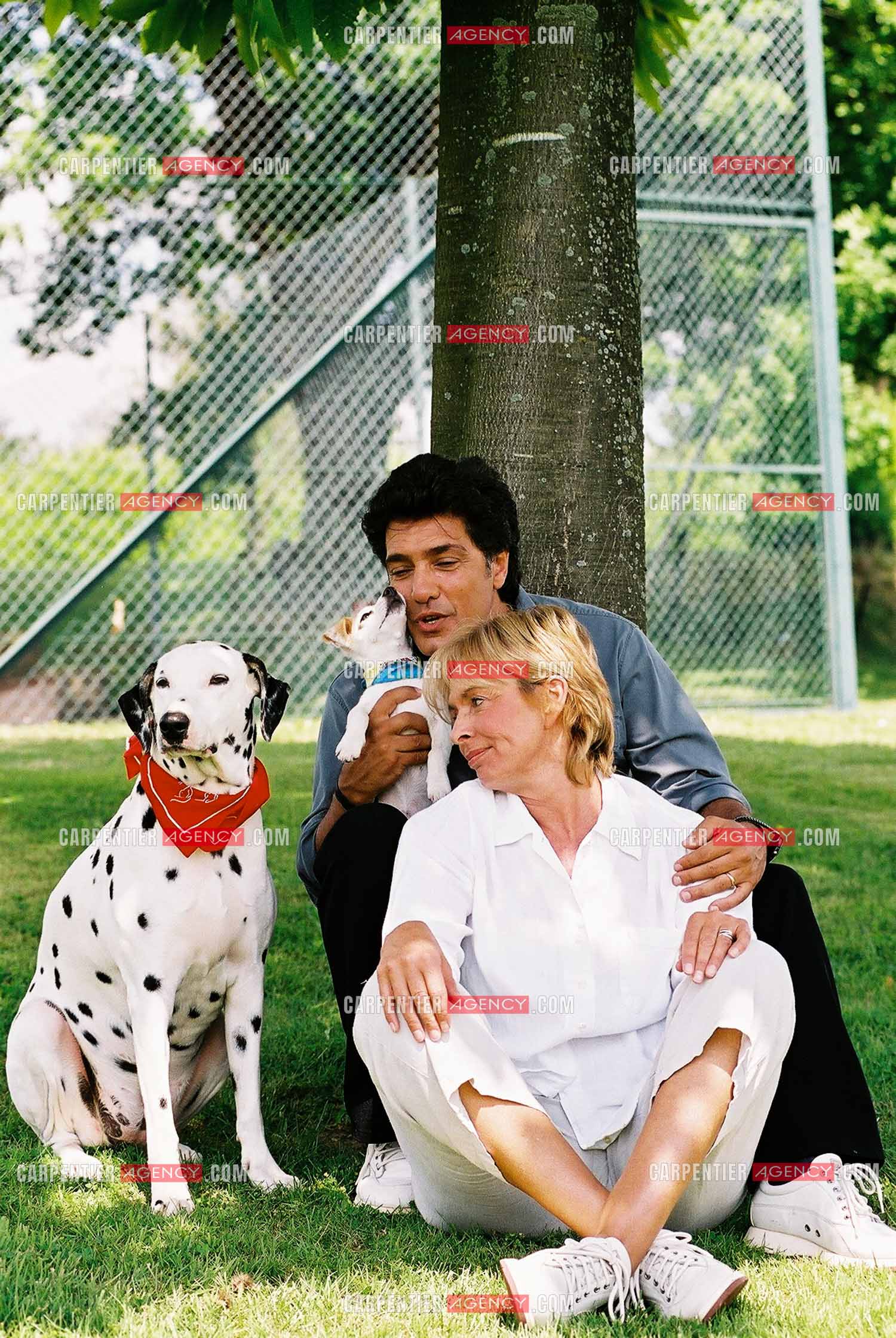 Le chanteur Frédéric François et sa femme Monique chez eux en Belgique avec leurs deux chiens, une Dalmatienne nommée Lady et une chienne Jack Ressel nommée Bichette.  ( Exclusif )