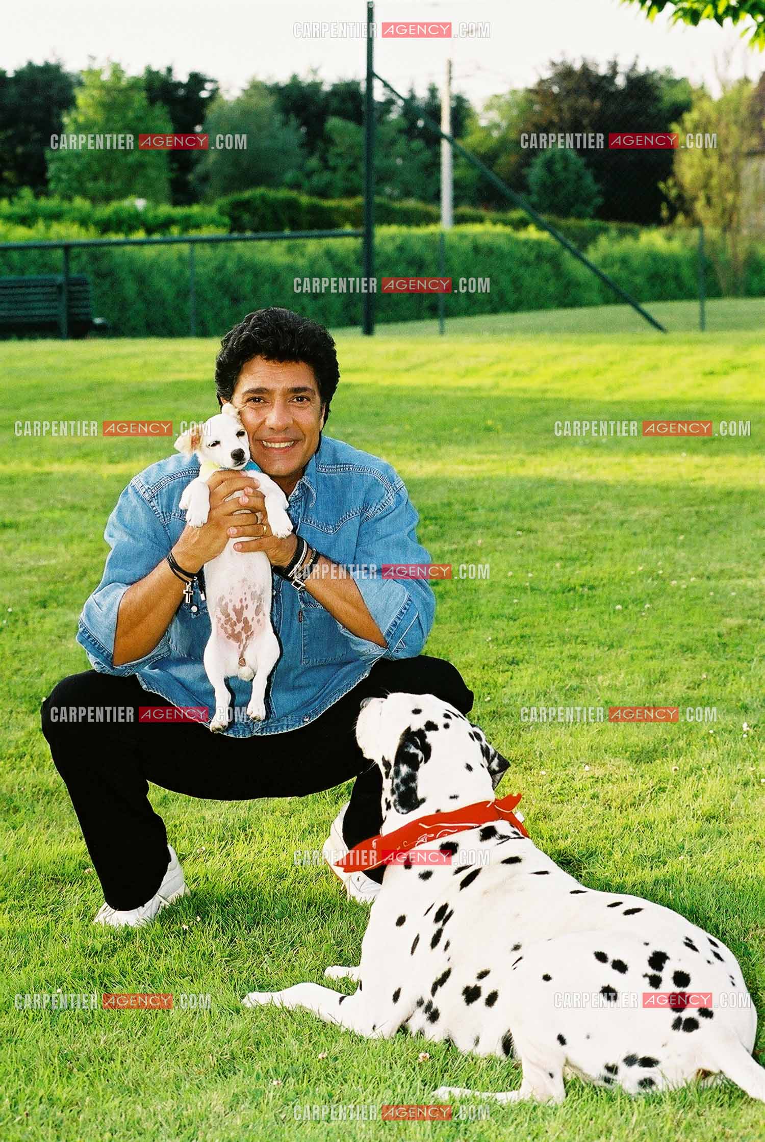 Le chanteur Frédéric François chez lui en Belgique avec ses deux chiens, une Dalmatienne nommée Lady et une chienne Jack Ressel nommée Bichette.  ( Exclusif )