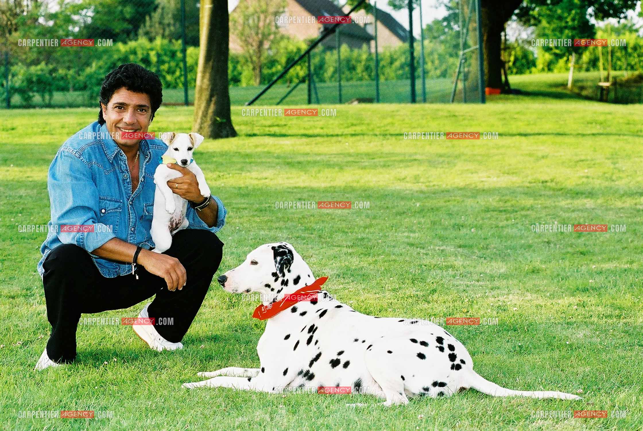 Le chanteur Frédéric François chez lui en Belgique avec ses deux chiens, une Dalmatienne nommée Lady et une chienne Jack Ressel nommée Bichette.  ( Exclusif )