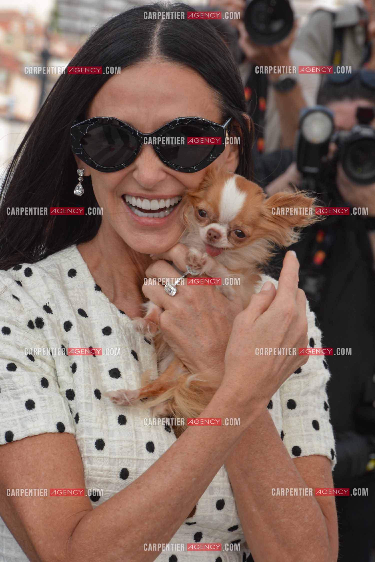 Ouverture du  77ème Festival de Cannes du 14 au 25 mai 2024. Photocall pour le film “The Substance“. L'actrice Demi Moore et son chien le chihuahua Pilaf.