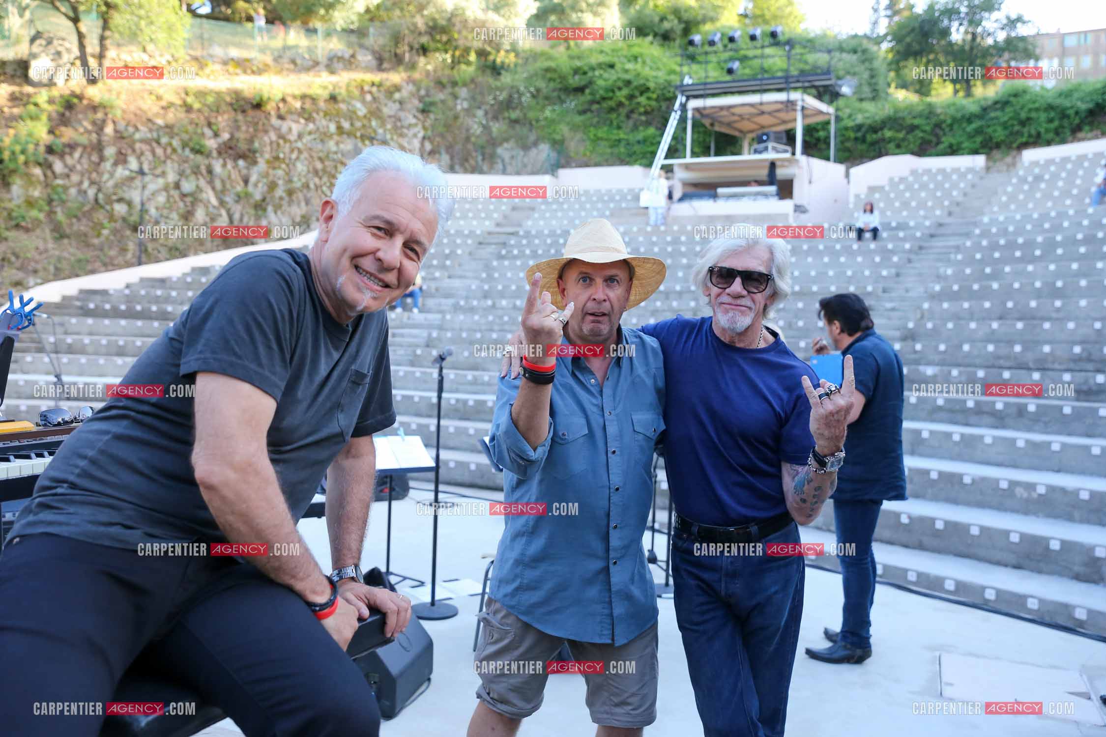 Répétitions du concert hommage a Johnny Hallyday avec ses anciens musiciens au théâtre de verdure a Ramatuelle en 2018. Jean Mora, Marc Demelemester et Pierre Billon.  ( Exclusif )